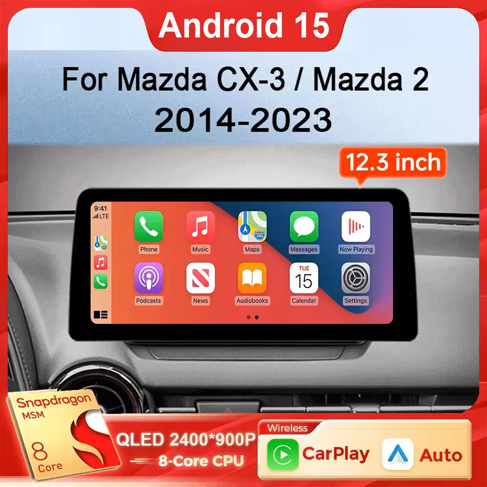 12.3 Inch Android 16 Car Radio Head Unit Carplay Auto Multimedia Monitors For Mazda CX-3 DK Mazda 2 DJ 2014 - 2023 4G WIFI Car