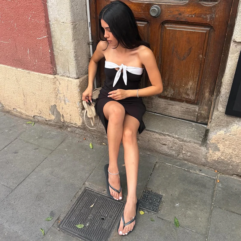 TARUXY Sexy One Shoulder Color Dress Women Sleeveless Openwork Bow Lace Up Slim Dress Elegant Summer Banquet Party Dress Female