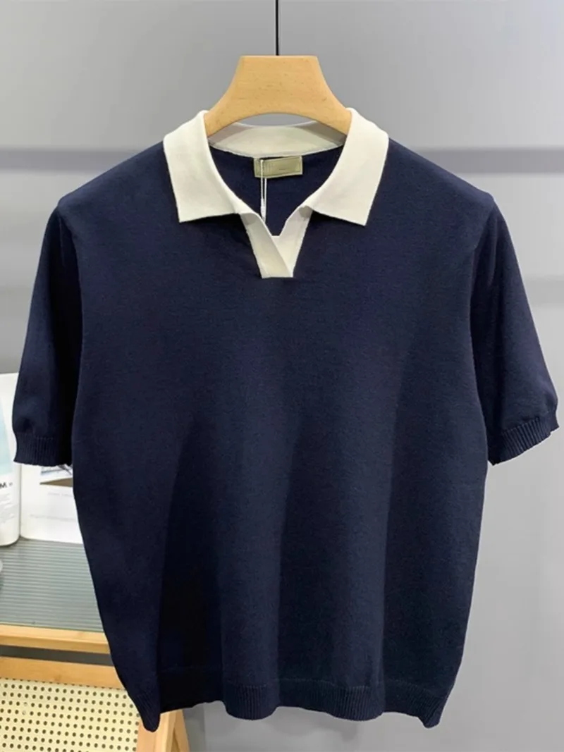 

High End Color Blocked V-neck Polo T-shirt for Men in Summer 2025 New Breathable Lapel Knit Short Sleeved Top Male Clothing