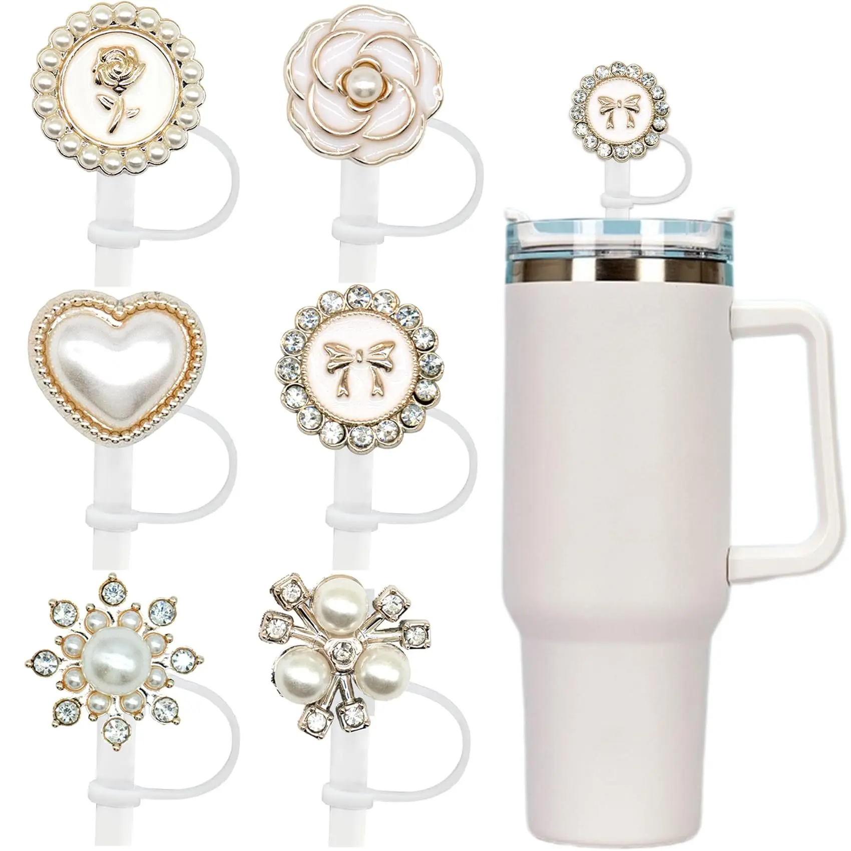 

6Pcs 10mm Glass Cup Straw Sleeve Fashion Luxury Shiny Pearl Straw Top Decoration Glass Cup Straw Sleeve Accessories