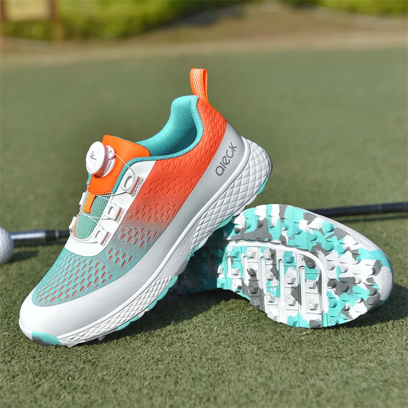 

New Women's Golf Shoes Size 32-40 Rotary Buckle Golf Sneakers Orange Casual Sports Shoes For Women Mesh Breathable Kids Sneakers