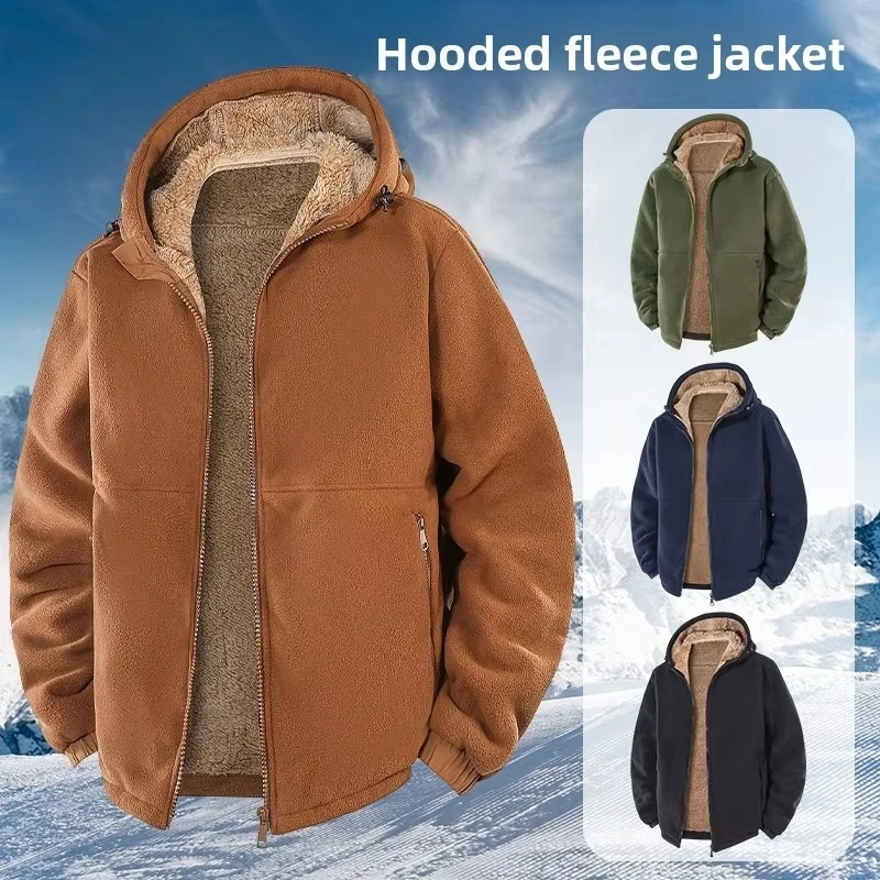 Autumn Winter Men's Soft-shell Thicken Hooded Fleece Jacket Thickened Polar Fleece Casual Sweatshirt Loose Lamb Parkas Men Coats
