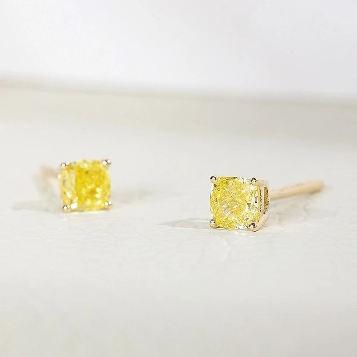 Yellow Color Cushion Cut Diamond Stud Earrings 14K Yellow Gold Four Claws Yellow Cushion Lab Grown Diamond Earrings For Wedding