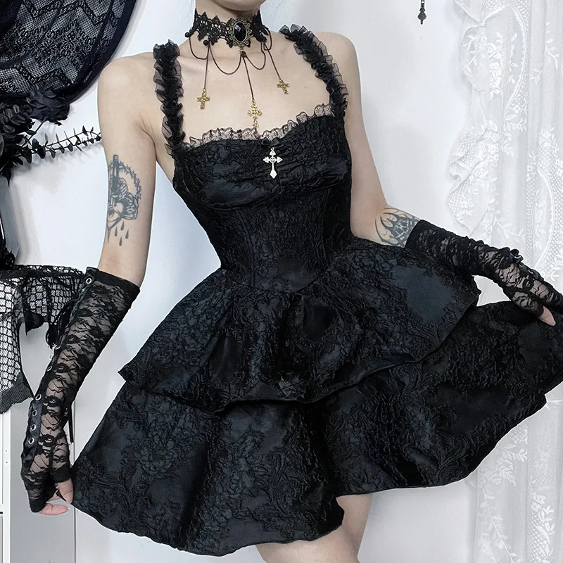 Gothic Jacquard Double Cake Suspender Dress Women Vintage Lace Trim Backless A Line Mini Dress Sexy Club Cami Dress