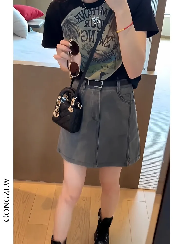 

Summer Fashion Retro Print round Neck Short Sleeve T-Shirt High Waist Slim A-Line Denim Skirt Set Women's Polyester Fiber