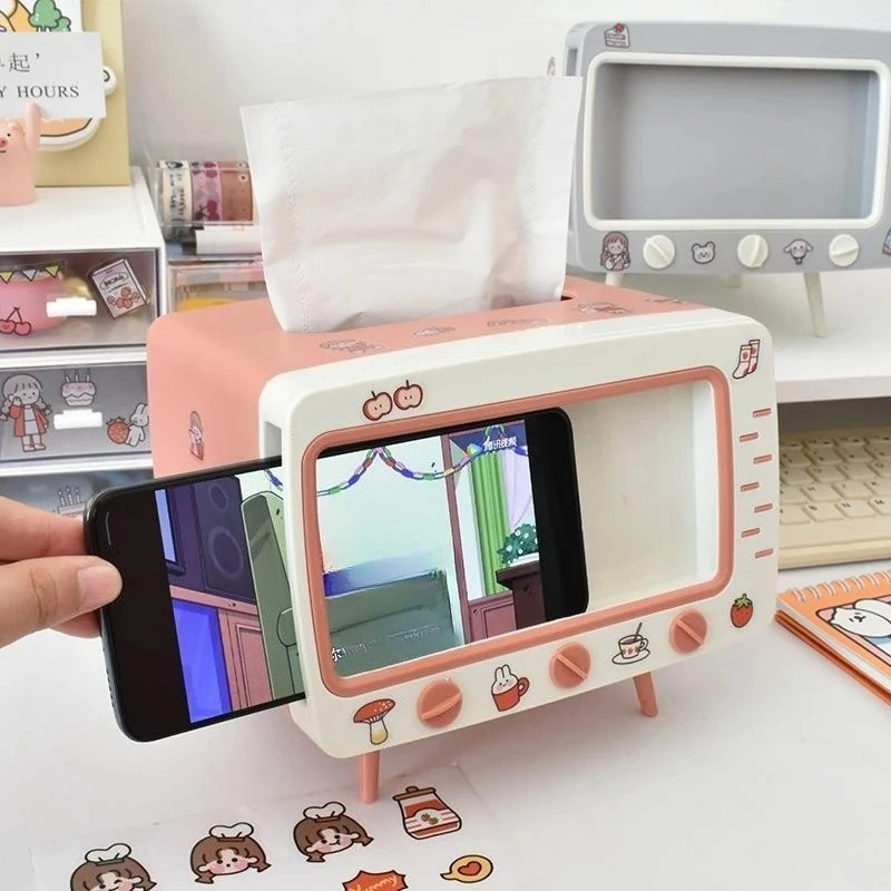 Square for Home Desktop Decor Tv Tissue Box Cute Portable Tissue Box Holder Pink Phone Holder Organizer Household Goods