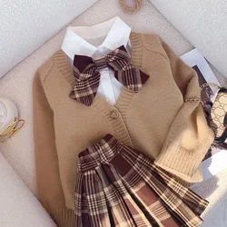 Spring Autumn Girls Clothing Suit Cotton Shirt+Sweater Coat+Pleated Skirt 3PCS Children's JK Suit Ssweater Cardigan Suit