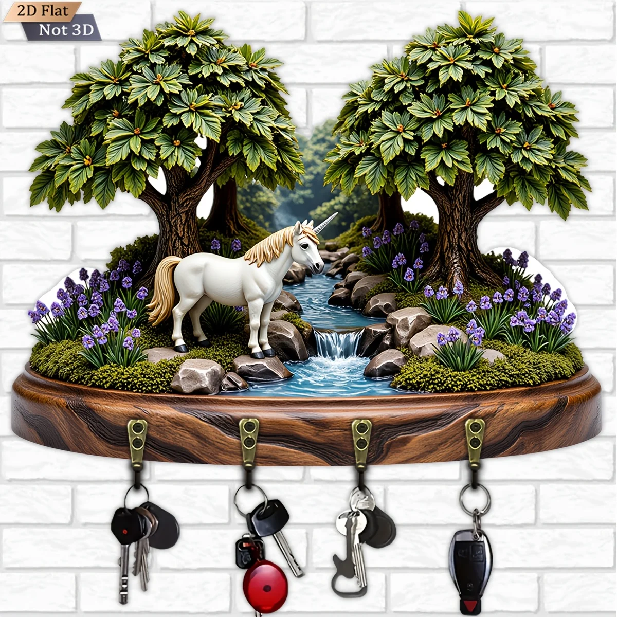 , 2D Flat, 1pc, Unicorn Forest Stream Key Hook, Wooden Multi-functional Home Key Hanger, with four metal hooks, wall