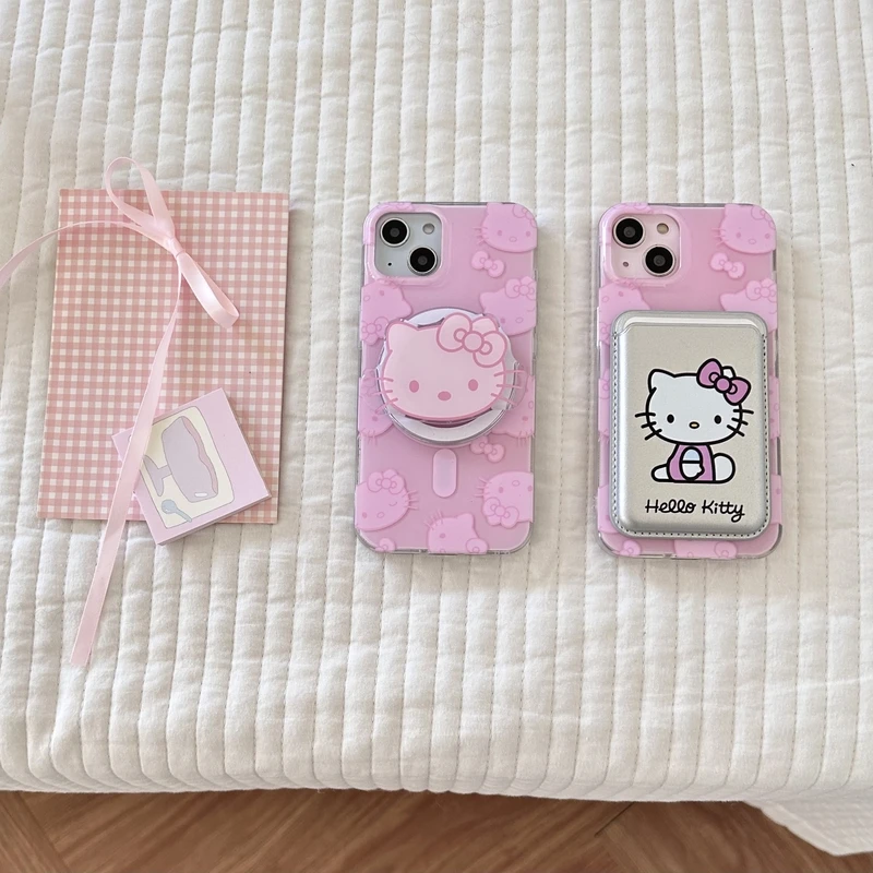 Cute Pink Hello Kitty Magsafe Wireless Charge Phone Case For iPhone 11 14 13 12 15 Pro Max Magnetic Wallet Bracket Cover