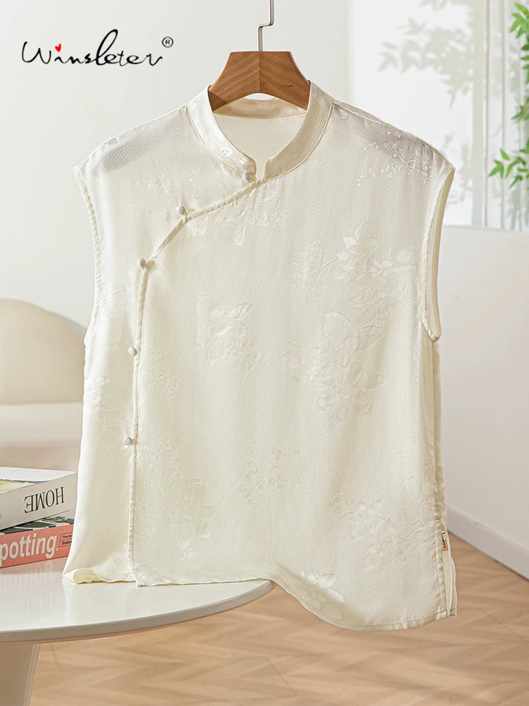 

Winsleter-Женская элегантная рубашка из 100% натурального шелка, жаккардовая рубашка с короткими рукавами-стойкой, новая свободная блузка в китайском стиле, осень 2023, T59609CC