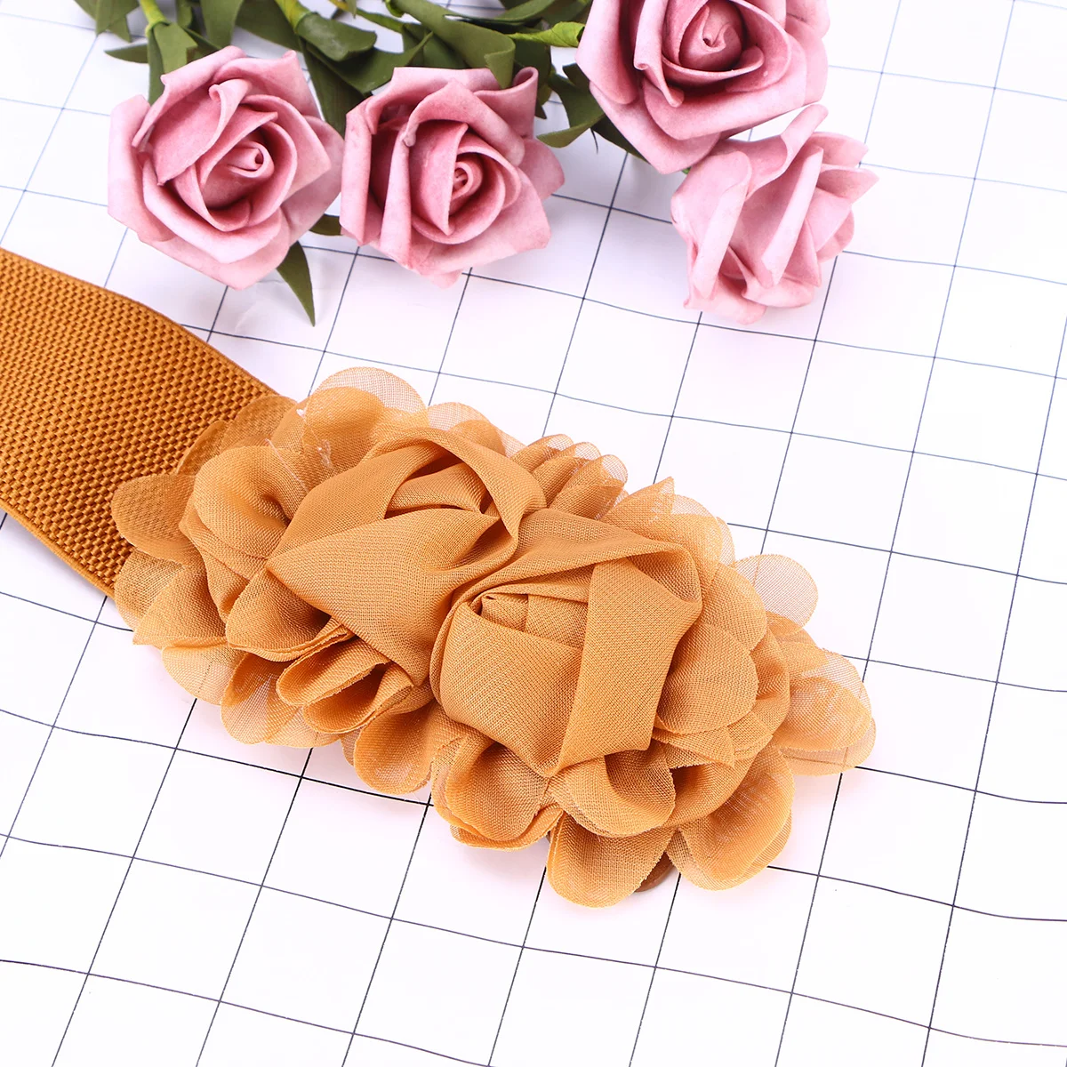 

Brown Flower Buckle Elastic Waistband Women Slim Waist Belt for Dress Skirt Shirt Elastic Waistband
