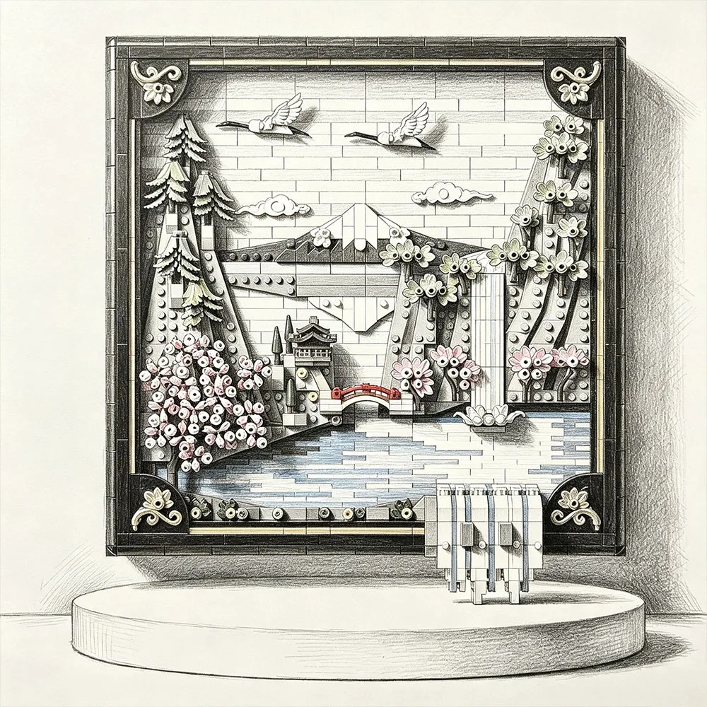 Romantische Atmosphäre, dekorative Kunst und Leben, japanische Kirschblüten-Landschaft, Modellbausteine, DIY-Kreativspielzeug, Dekoration
