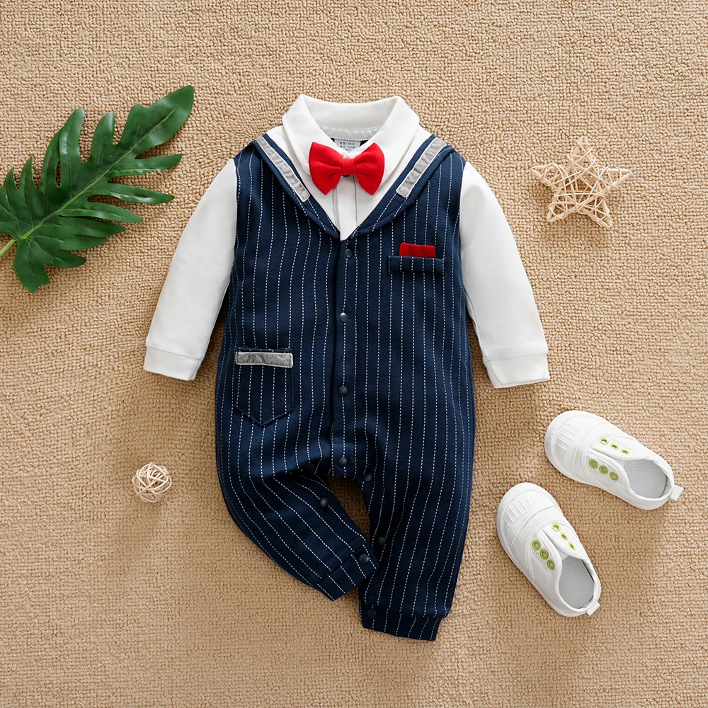 

1 Pcs Baby Boy Clothes Gentleman Style Long Sleeves with Red Bowtie Jumpsuit