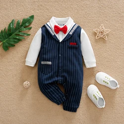 1 Pcs Baby Boy Clothes Gentleman Style Long Sleeves with Red Bowtie Jumpsuit