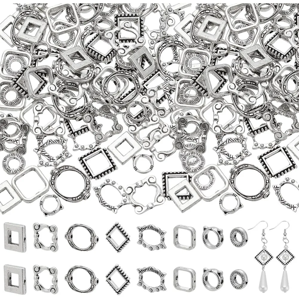 112pcs 8 Styles Bead Frames Double Hole Frame Spacer Beads Square/Oval/Round Bead Hugger Frame Connectors for DIY Earring