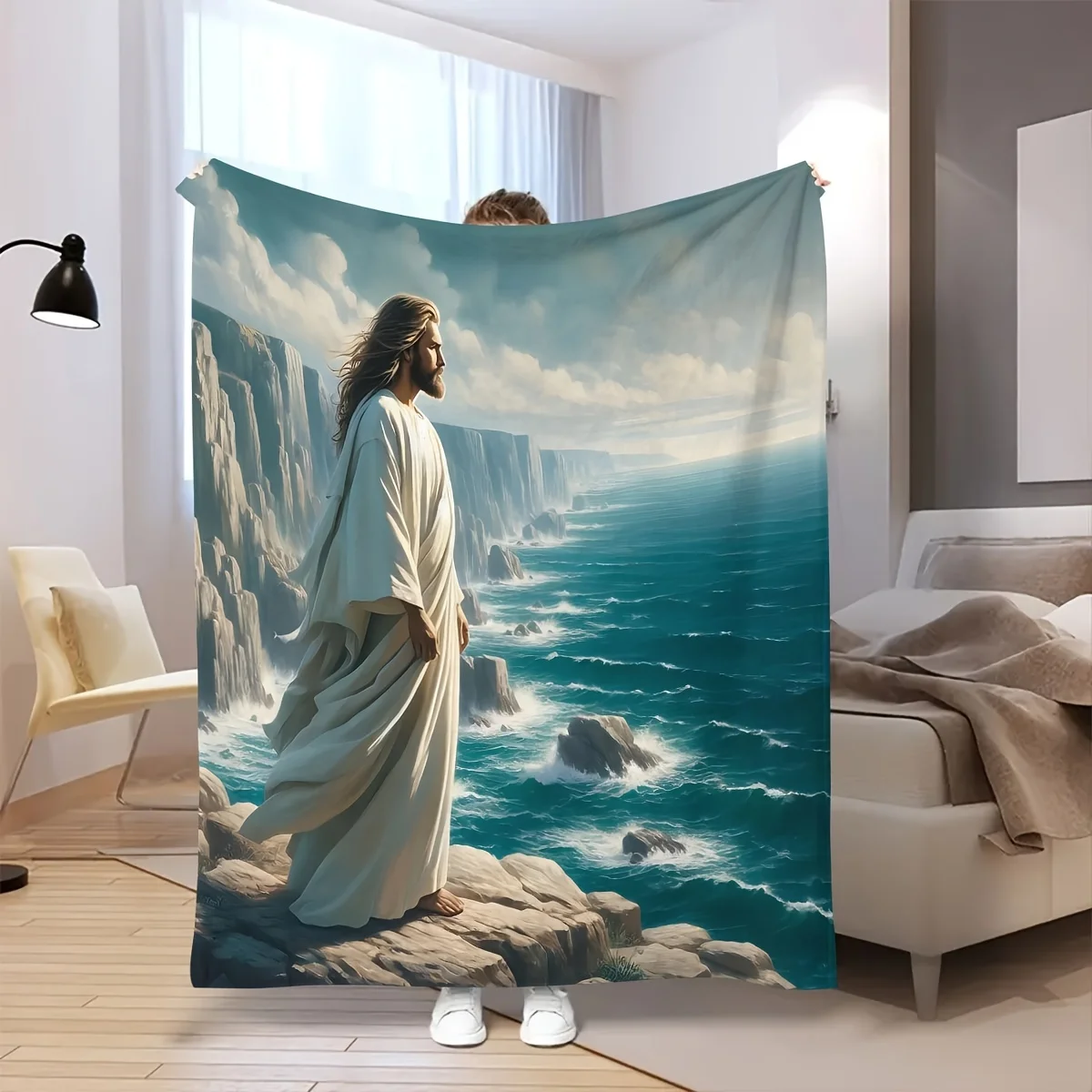 Cozy Jesus on the Coast Print Flannel Throw Blanket - Versatile for All Seasons, Perfect for Couch,, Office & Camping Gifts, Con