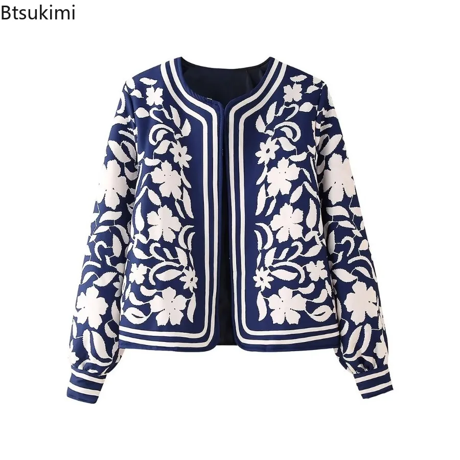 Fashion Floral Printing Cardigan Warm Jacket for Women 2025 Autumn Winter Round Neck Long Sleeve Coats Elegant Street Outerwear