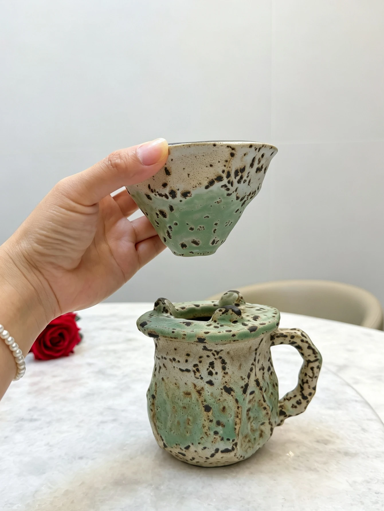 Handmade Ceramic Pour Over Coffee Set 3Pcs Blue Speckled Stoneware V60 Dripper & Server Mug Home Office Barista Brewing Kit Coff