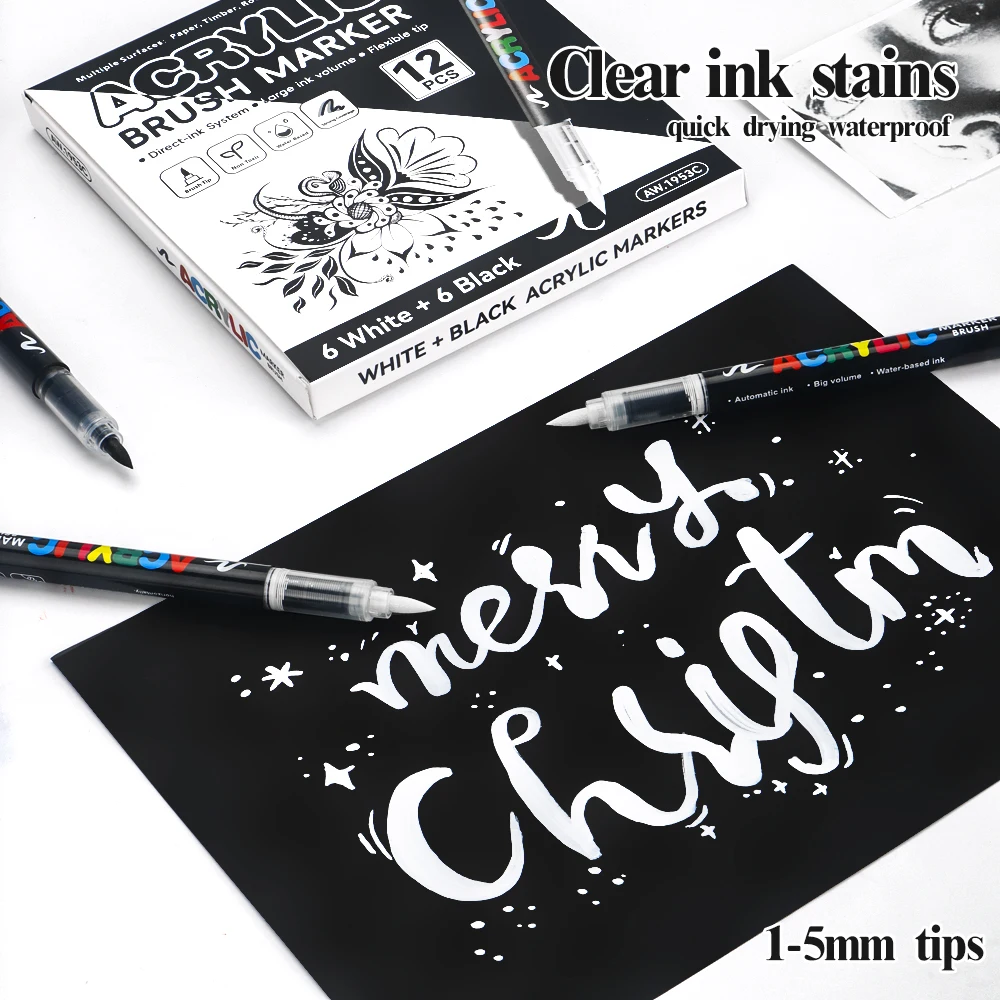 12 قطعة علامات فنية مقاومة للماء أسود/أبيض فرشاة قلم تلميح للرسم DIY بها بنفسك حجر الخشب رسم الإعلان اللوحة اللوازم المدرسية