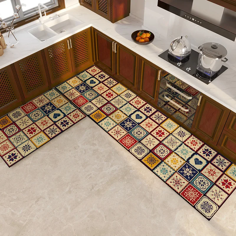 

VIKAMA 1/2pc Retro Bohemian Ethnic Style Kitchen Floor Mat, Long Absorbent And Anti-Slip Floor Mat, Home Decoration