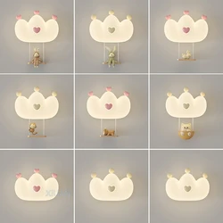 Romantic Pink Crown Wall Lamps for Girl Kids Bear Monkey Rabbit Animal Night Light Children's Bedroom Princess Room Wall Light