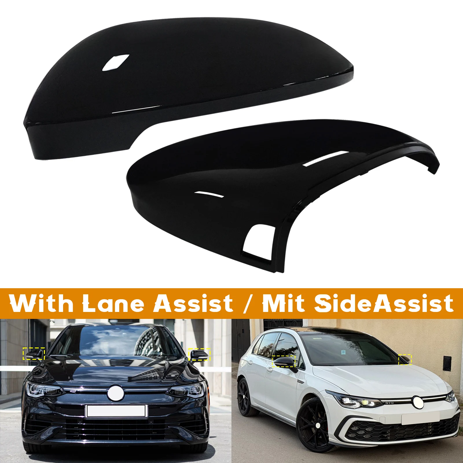 For VW Golf VIII MK8 2020-up With Side Lane Assist Gloss Black Rearview Wing Door Mirror Cover Caps Housing Carbon Fiber Style