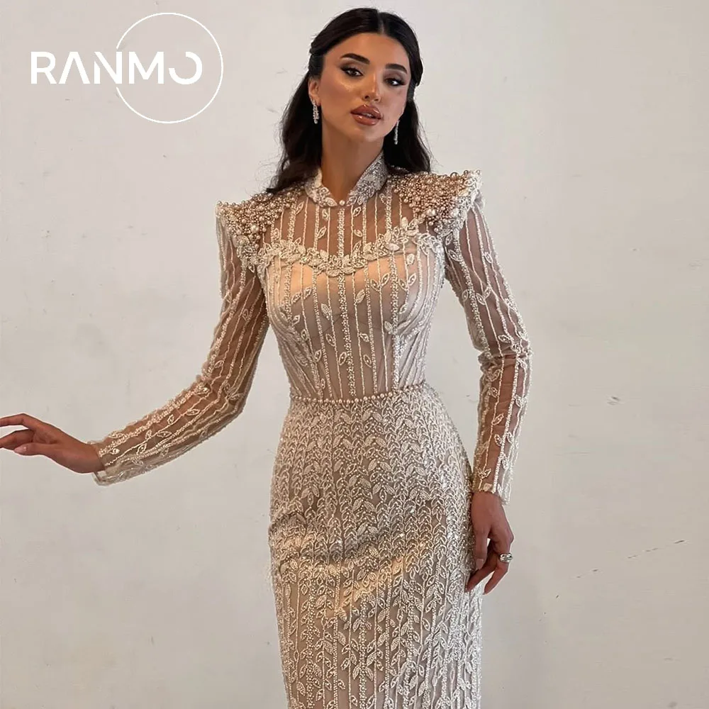 

Ranmo Luxury Dubai Long Sleeves Evening Dress for Women 2026 Side Split Pearls Beaded High Neck Beads Mermaid Formal Party Gown
