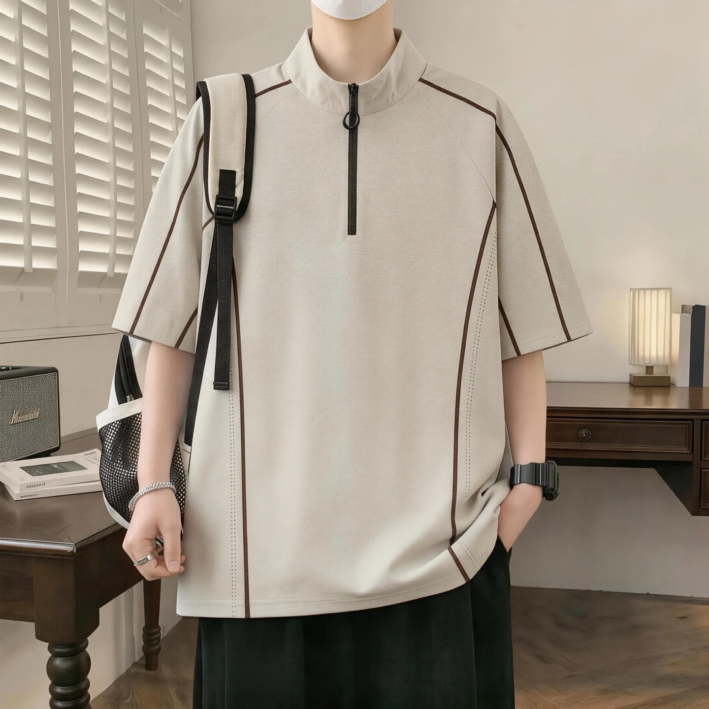 Summer New Style Men's Button-down Half-Zip Polo Shirt Loose American Youth Sport T-Shirt