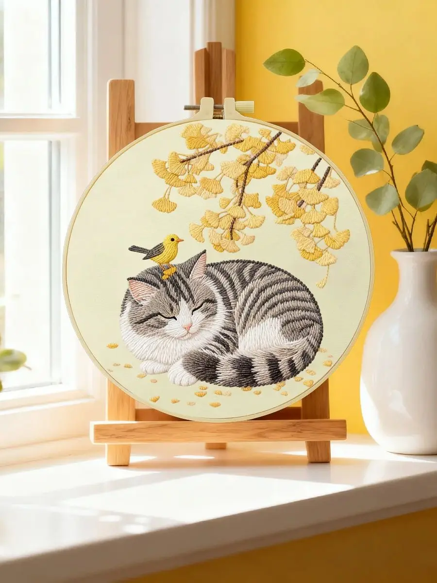 1 Stück 20X20CM/15X15CM 7,87/6,3 Zoll Katzen-Stickerei-Starter-Kit DIY-Kit DIY-Stickerei-Set Handarbeiten Heimdekorations-Set für Anfänger – Detail 6