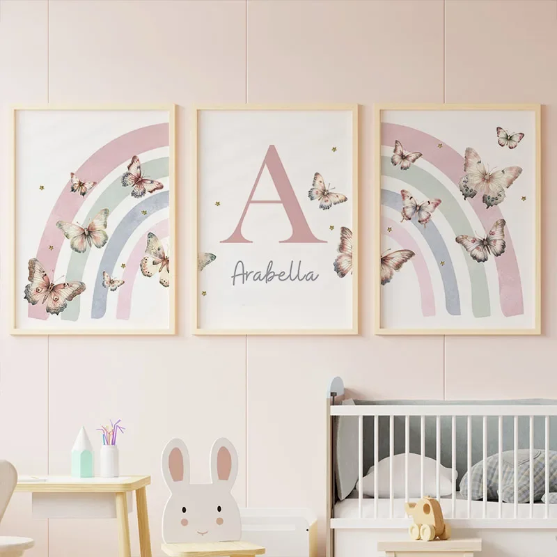 1pc frameless Canvas Painting Pink Rainbow Butterfly Custom Baby Name Wall Art Nursery Canvas Prints Painting Watercolor Posters