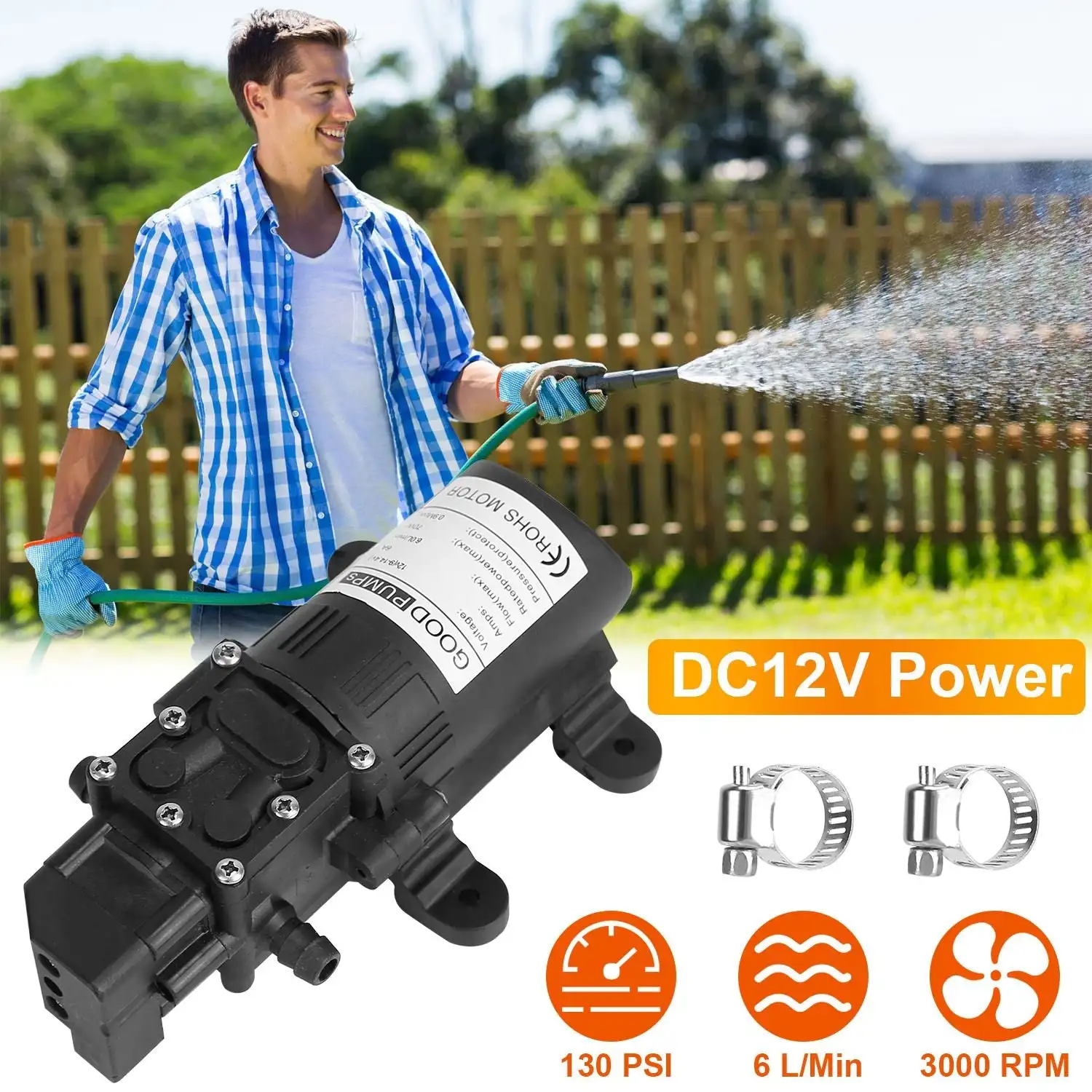 

12V Water Pump with 2 Hose Clamps 130PSI Self Priming Sprayer Pump 70W Electric Diaphragm Water Pump 6L/Min for RV Camper Marine