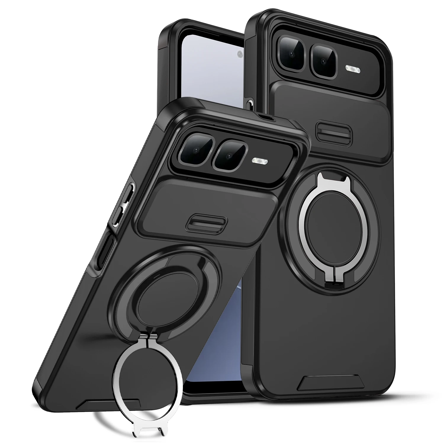 حافظة هاتف بحامل مغناطيسي لهاتف انفينيكس سمارت 10 بلس حماية عدسة الكاميرا المنزلقة إطار من البولي يوريثان غطاء خلفي من البلاستيك الصلب Fundas