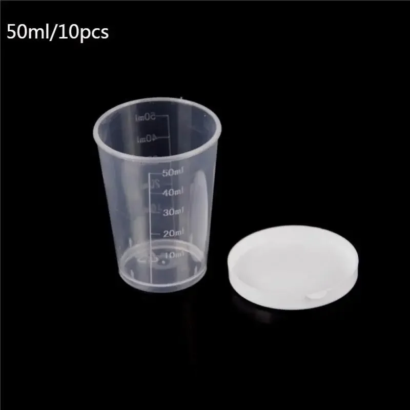 Tazas de medición de plástico transparente con cubierta, vaso de medición de muestras de cocina, laboratorio de química, 10 piezas, 30ml/50ml