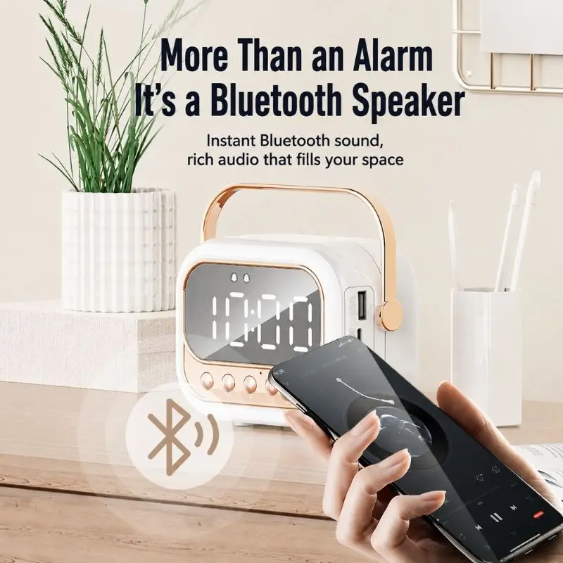 Portable Handheld Desktop Colorful Bluetooth Speaker Mirror Surface Digital Alarm Clock Mobile Wake Up Timer For Bedroom