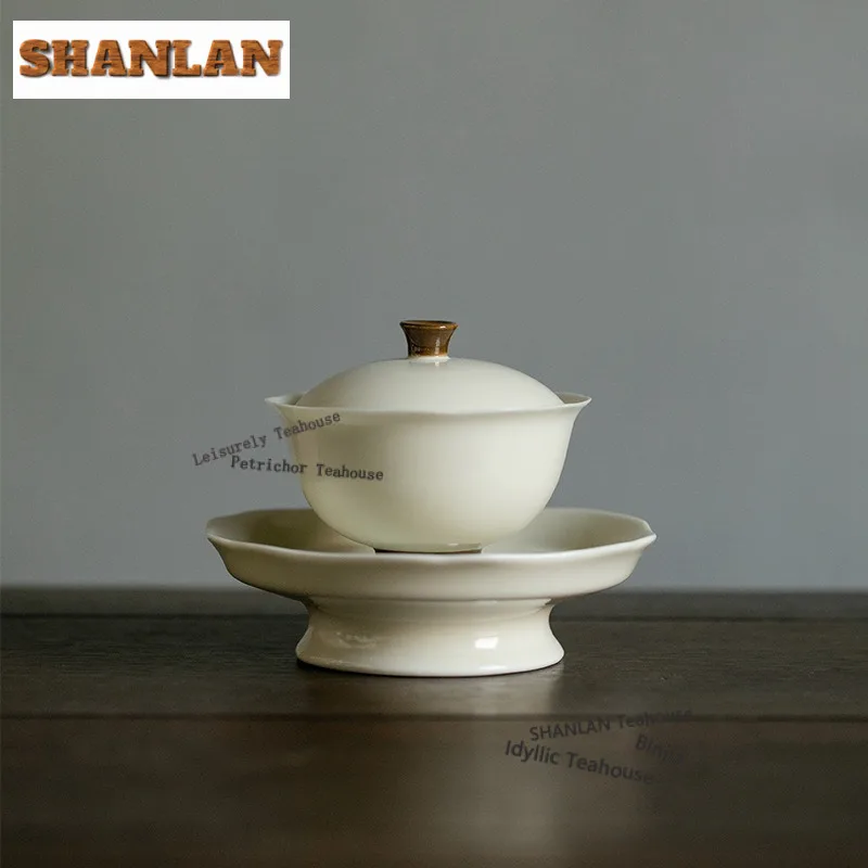 100ml Ding Kiln Yellow Flower Border Gaiwan Zen Tea Tureen Household Tea Bowl with Lid Kit Tea Brewing Cover Bowl Cafes Craft