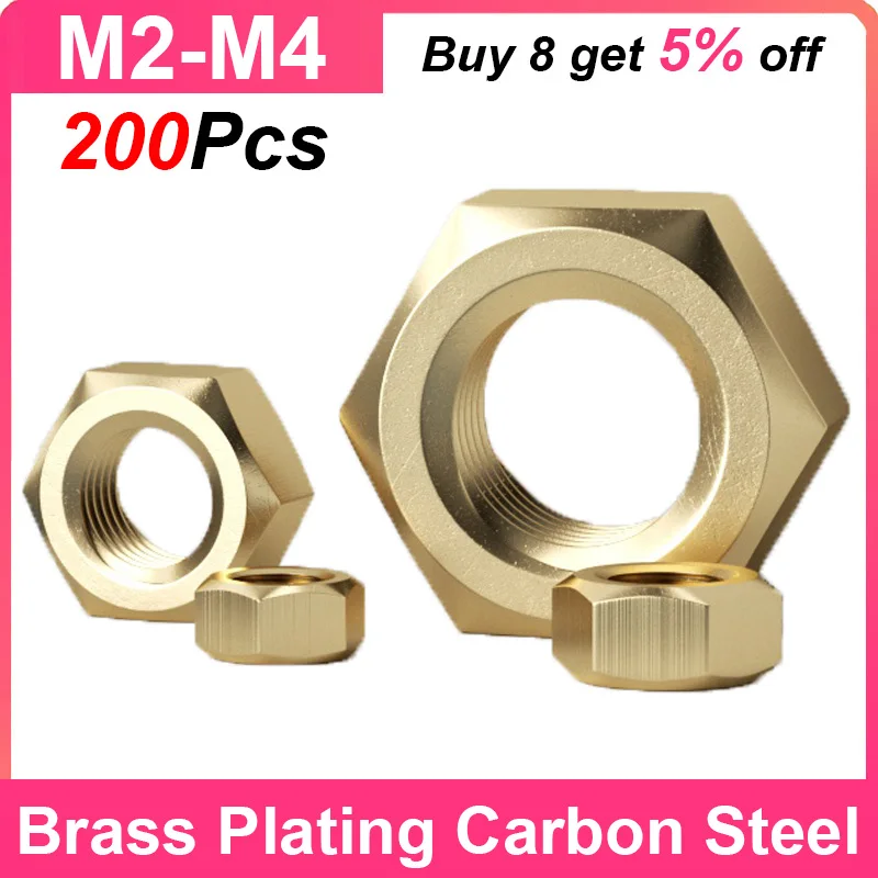 

Hexagon Hex Nuts 200Pcs M2 M2.5 M3 M4 Brass Plating Carbon Steel Metric Hex Nuts Anti-rust Hardware for Screw Bolts