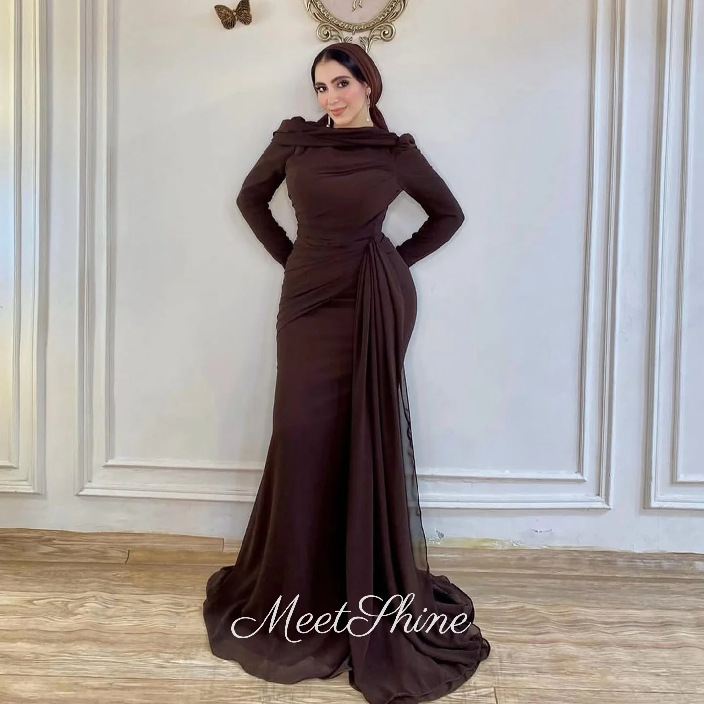 

Dubai Brown High Neck Straight Chiffon Evening Dress for Women Long Sleeve Saudi Arabic Formal Wedding Prom Dress Customized