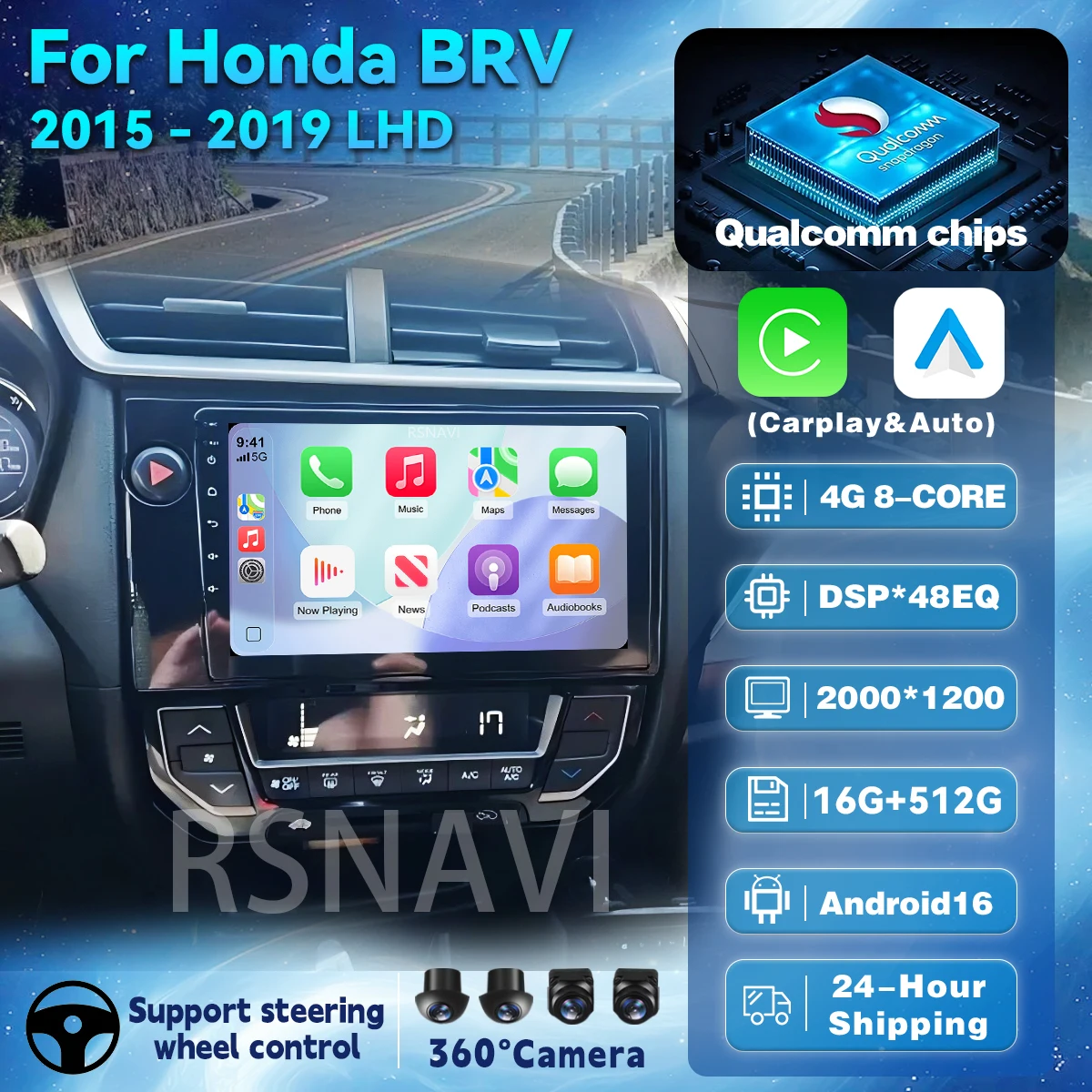 Radio para Auto con Pantalla 2K Android 16 para Honda BRV LHD 2015 2016 - 2019, Carplay, GPS, Navegación, Reproductor de Video DSP, Estéreo, Cámara 360