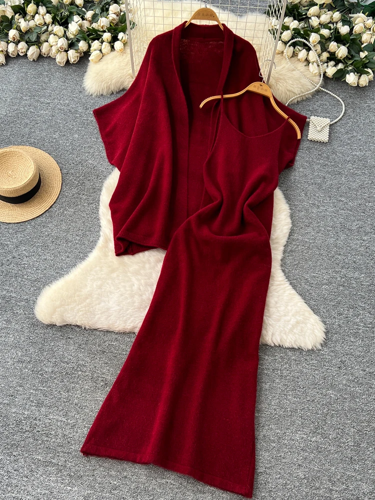 

Повседневный свободный вязаный открытый кардиган с летучей мышью Све, верхняя одежда, женский модный комплект, юбка прямого кроя с высокой талией, осенняя одежда