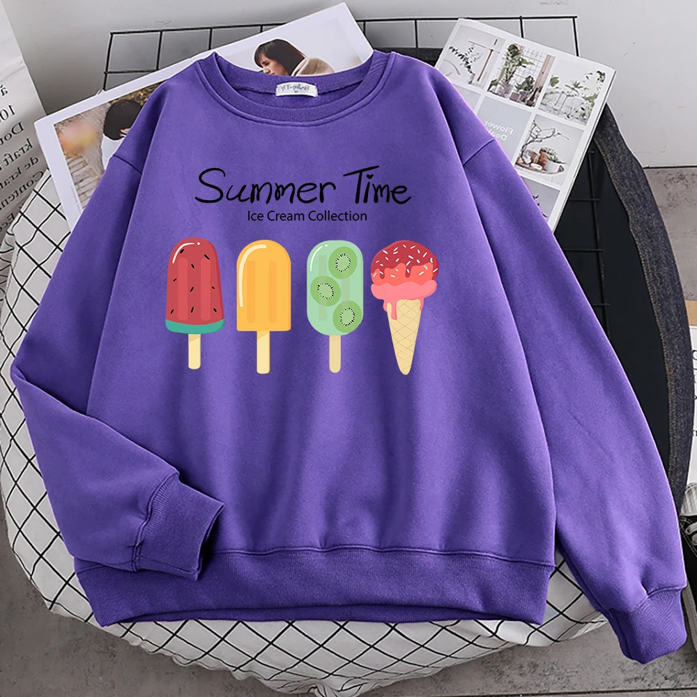 Street Funny Sweatshirts For Women Summer Time Fruit Ice Cream Collection Print Hoodie Soft Fleece Pullovers Loose Warm Clothes