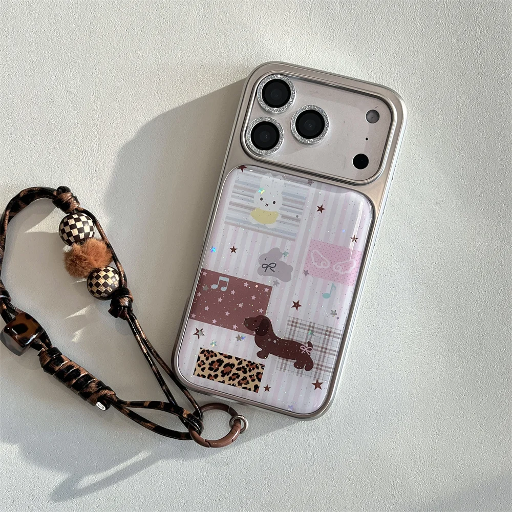 Funda de teléfono coreana con purpurina de conejo y cachorro de dibujos animados para iPhone 15, 13, 14, 16 Max 17 Pro, Fundas de galvanoplastia a la moda