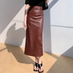 Women's Ankle Long Leather Skirt with Waist Belt Female Soft genuine Leather Back Split Straight Jupe Slimming 85 cm Maxi Faldas