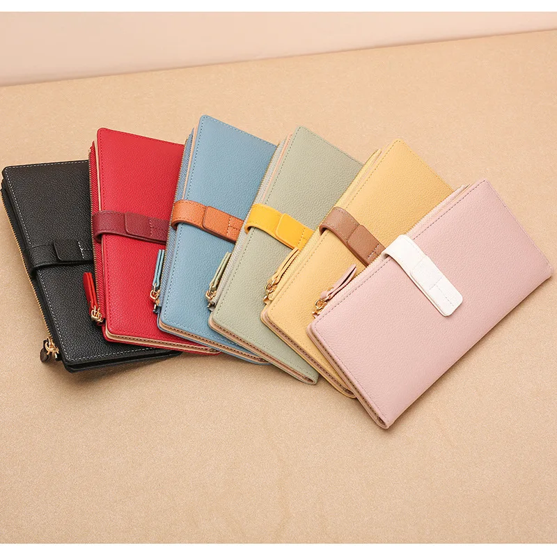 Purse long women's drawband color contrast money clip Mobile phone storage Hold stylish zipper card bag Multi-functional