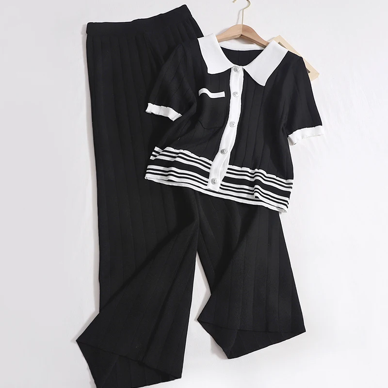 Summer Pants Two-piece Set Women Turn-down Collar Single-breasted Top Knitted Straight Trousers Suit Casual Fashion Striped Tee