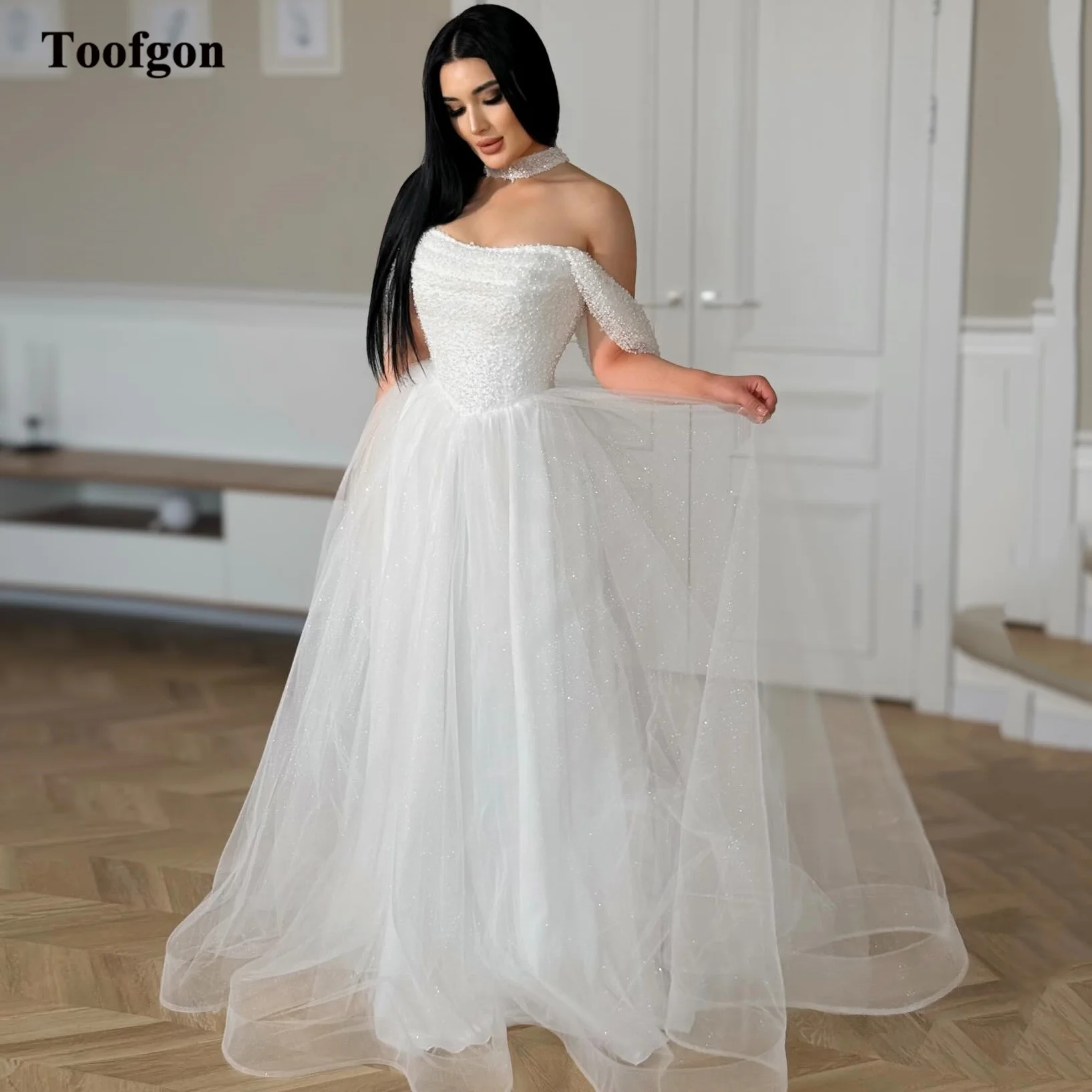 Toofgon Shiny Tulle Sequin Boho Wedding Dresses Customized A Line Off The Shoulder Bridal Gowns Formal Wedding Photo Shoot Dress