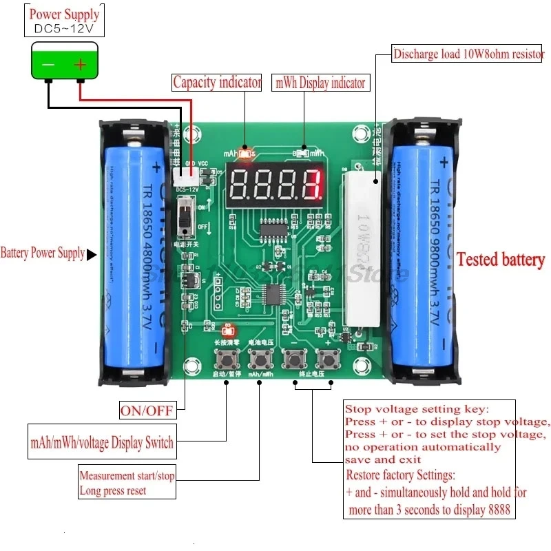 XH-M240 Battery 18650 Lithium Battery True Capacity Tester maH/mwH Digital Discharge Electronic Load Battery Monitor DC 5V-12V