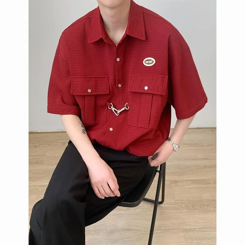 Korean Men's Y2k Waffle Metal Button Short Sleeve Shirt 2026 Summer New Hip Hop College Style Casual Loose Shirts for Men