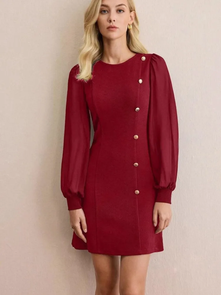 

Elegant Women's Dress Fashion Button Design A-Line Dress Elegant O-neck Hight Waist Solid Mini Dress Casual Party Dress