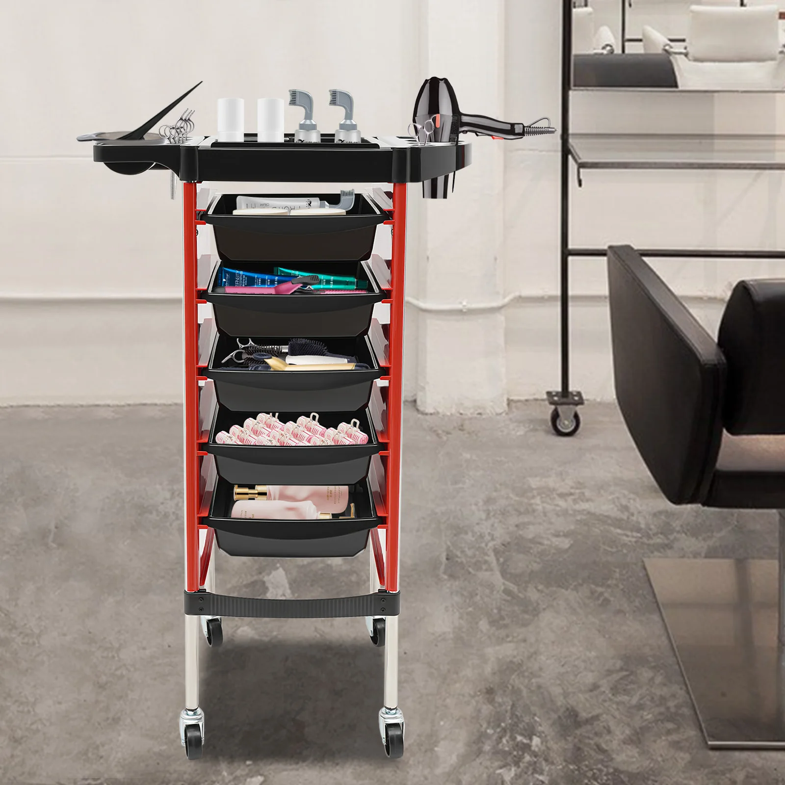 Free Standing Salon Trolley with 5-pull-out Drawers Salon Furniture Hairdressing Equipment Space Saving 36*85.5cm