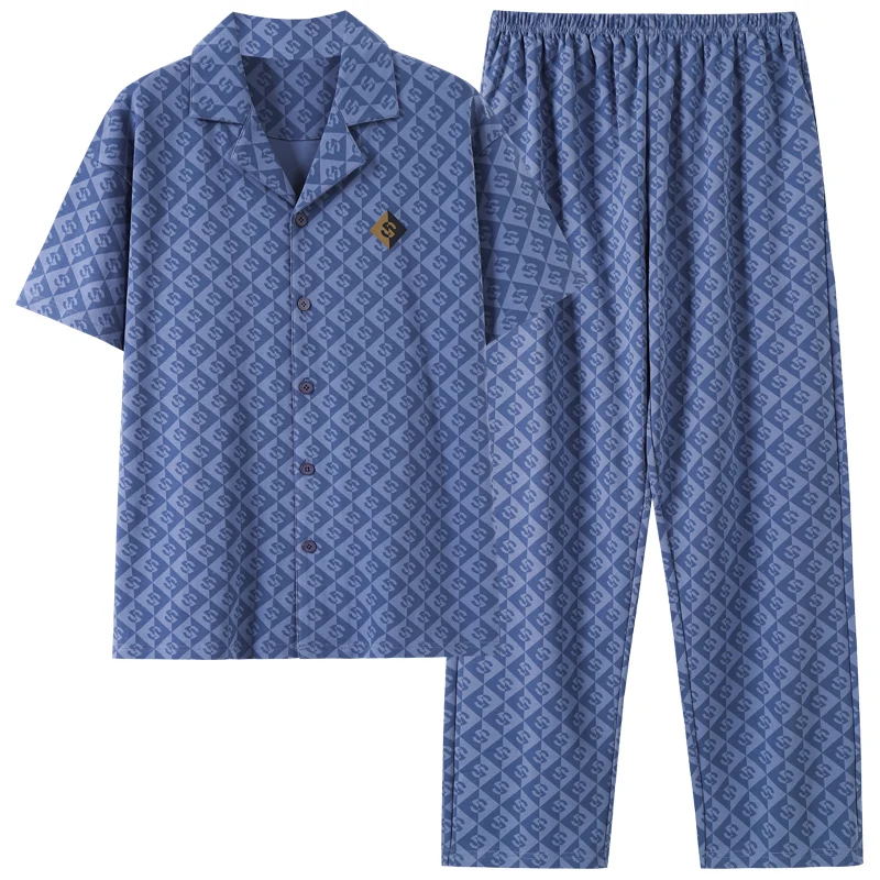 Conjunto de pijamas de talla grande M-4XL para hombre, ropa de dormir 100% de algodón de manga corta, Pijama con cuello vuelto para hombre de verano